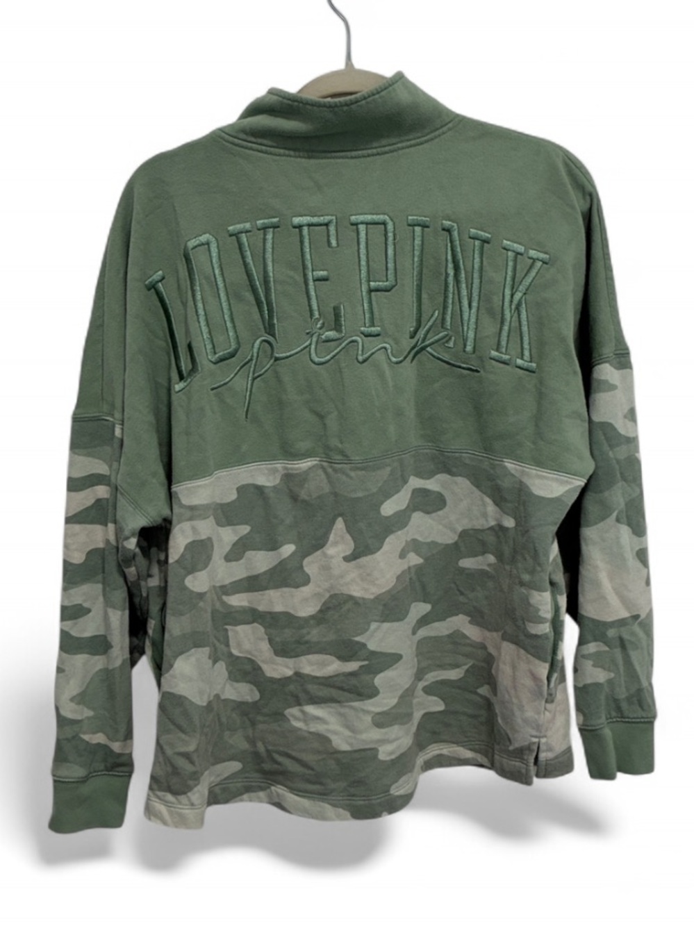 PINK Victoria's Secret Green Camo Embroidered Logo Zip Neck Pullover Sweatshirt